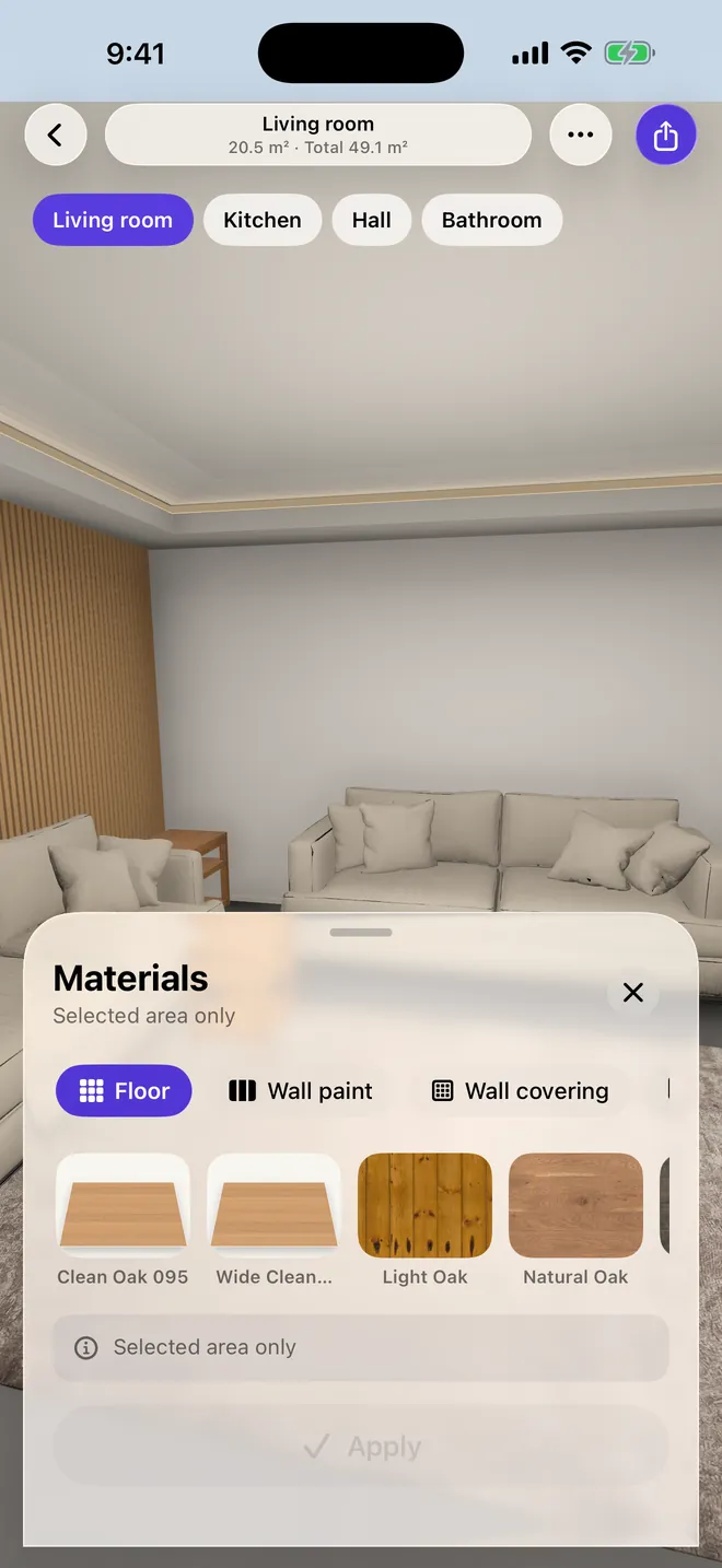 Materials panel in Roomist with wood floor options.