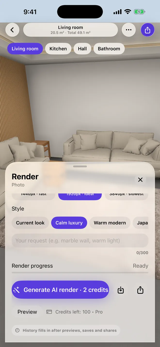 Render panel in Roomist next to a finished AI render of a living room.