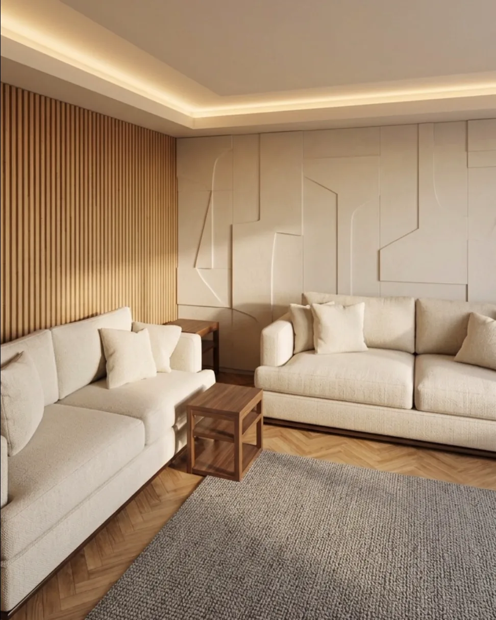 Photorealistic AI render of the same living room from the same camera.