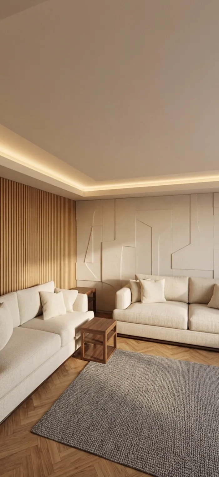 Photorealistic AI render of the same living room from the same camera.