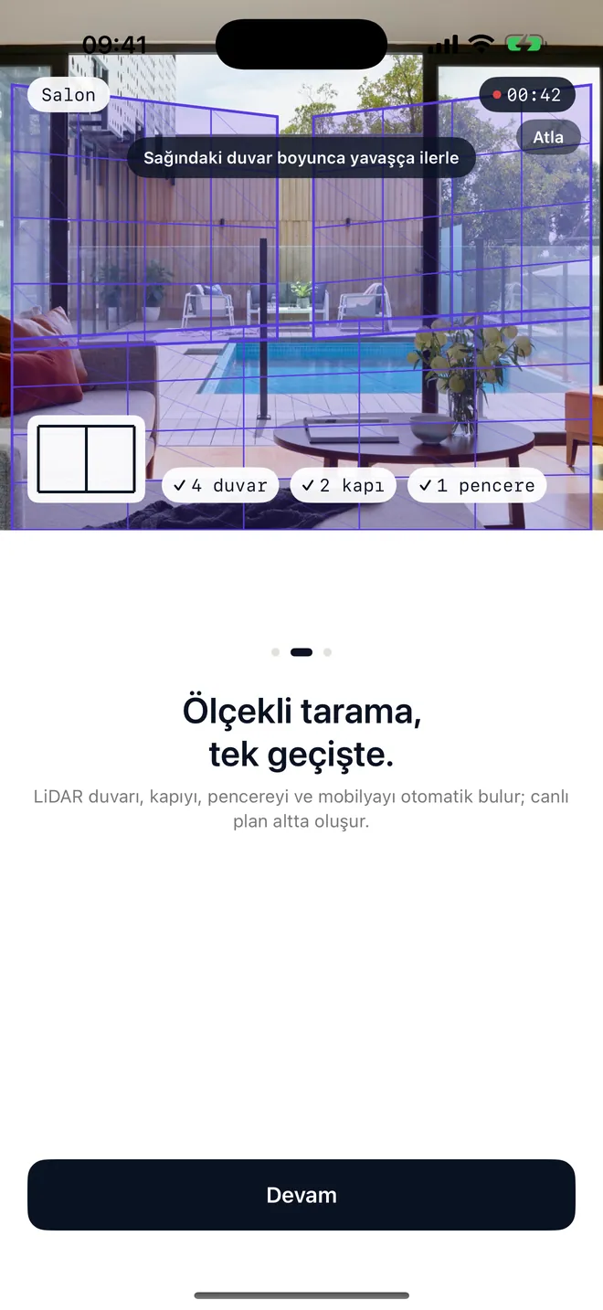 Rozart'ta duvarların, kapıların ve pencerelerin bulunduğu tarama ekranı.