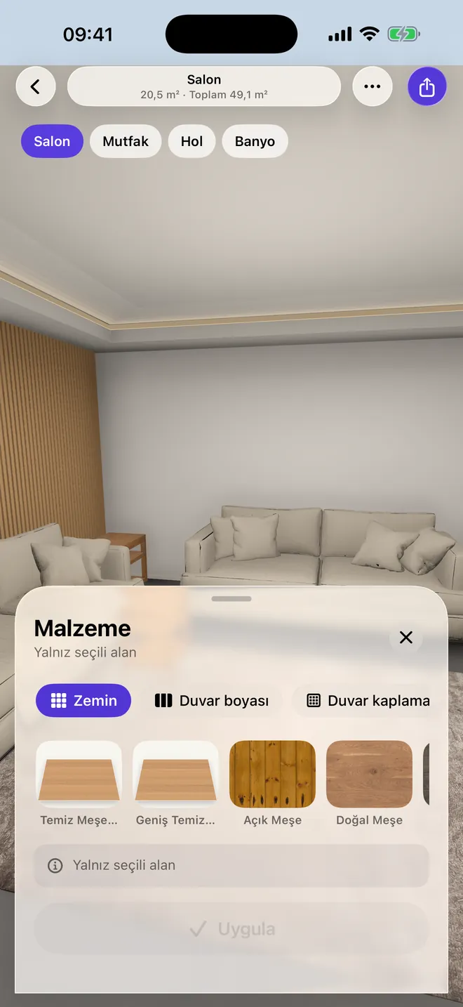 Rozart'ta ahşap zemin seçenekleriyle malzeme paneli.